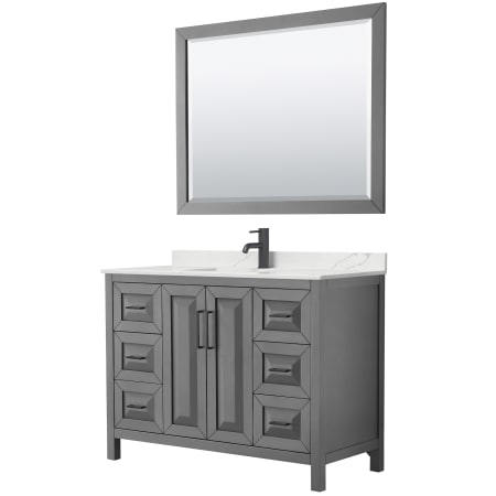 A large image of the Wyndham Collection WCV252548S-QTZ-UNSM46 Dark Gray / Giotto Quartz Top / Matte Black Hardware