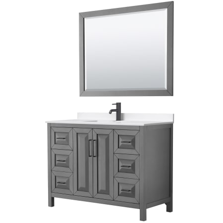 A large image of the Wyndham Collection WCV252548S-QTZ-UNSM46 Dark Gray / White Quartz Top / Matte Black Hardware