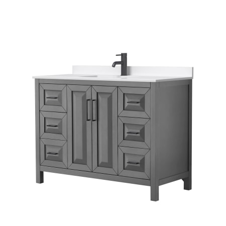 A large image of the Wyndham Collection WCV252548S-QTZ-UNSMXX Dark Gray / White Quartz Top / Matte Black Hardware