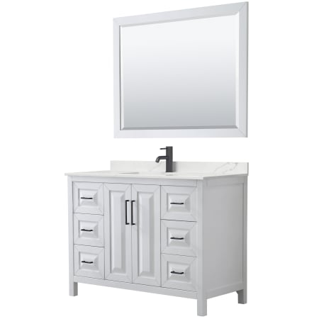 A large image of the Wyndham Collection WCV252548S-QTZ-UNSM46 White / Giotto Quartz Top / Matte Black Hardware