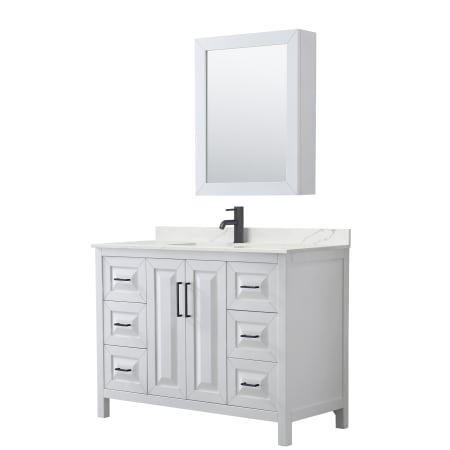 A large image of the Wyndham Collection WCV252548S-QTZ-UNSMED White / Giotto Quartz Top / Matte Black Hardware