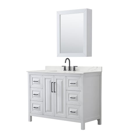 A large image of the Wyndham Collection WCV252548S-QTZ-US3MED White / Giotto Quartz Top / Matte Black Hardware