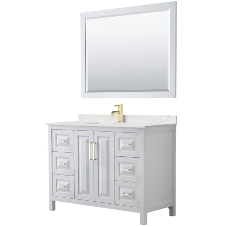 A large image of the Wyndham Collection WCV252548S-QTZ-UNSM46 White / Giotto Quartz Top / Brushed Gold Hardware