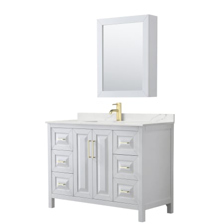 A large image of the Wyndham Collection WCV252548S-QTZ-UNSMED White / Giotto Quartz Top / Brushed Gold Hardware