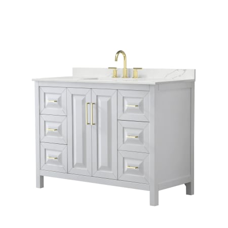 A large image of the Wyndham Collection WCV252548S-QTZ-US3MXX White / Giotto Quartz Top / Brushed Gold Hardware