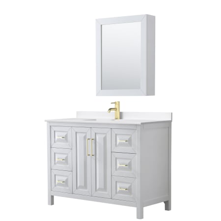 A large image of the Wyndham Collection WCV252548S-QTZ-UNSMED White / White Quartz Top / Brushed Gold Hardware