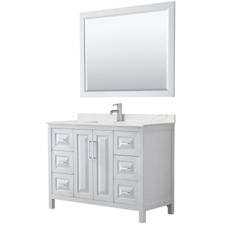 A large image of the Wyndham Collection WCV252548S-QTZ-UNSM46 White / Giotto Quartz Top / Polished Chrome Hardware