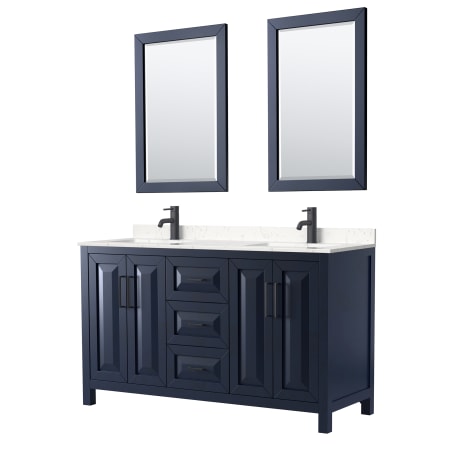 A large image of the Wyndham Collection WCV252560D-VCA-M24 Dark Blue / Carrara Cultured Marble Top / Matte Black Hardware