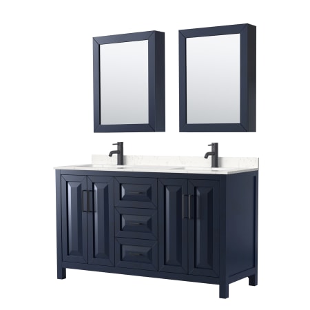 A large image of the Wyndham Collection WCV252560D-VCA-MED Dark Blue / Carrara Cultured Marble Top / Matte Black Hardware