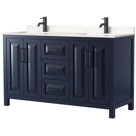 A large image of the Wyndham Collection WCV252560D-VCA-MXX Dark Blue / Carrara Cultured Marble Top / Matte Black Hardware