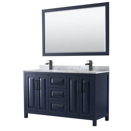 A large image of the Wyndham Collection WCV252560DUNSM58 Dark Blue / White Carrara Marble Top / Matte Black Hardware