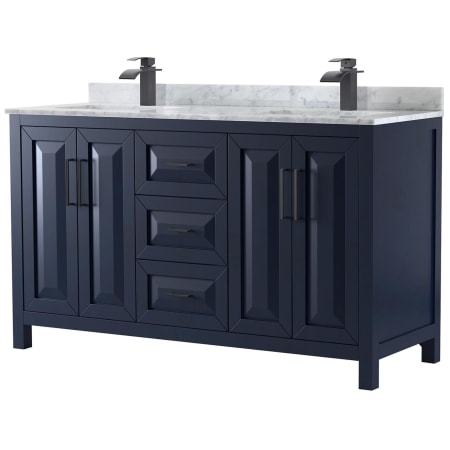 A large image of the Wyndham Collection WCV252560DUNSMXX Dark Blue / White Carrara Marble Top / Matte Black Hardware