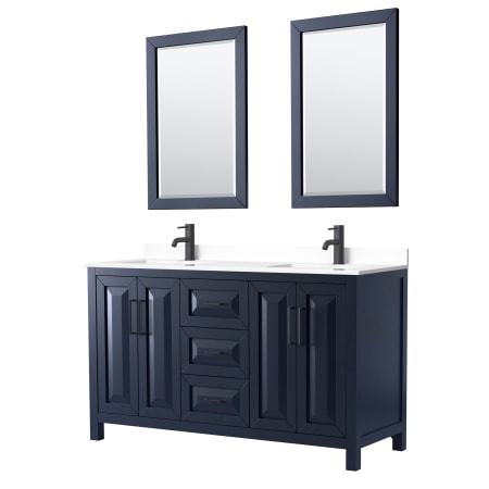 A large image of the Wyndham Collection WCV252560D-VCA-M24 Dark Blue / White Cultured Marble Top / Matte Black Hardware