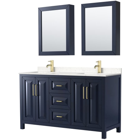 A large image of the Wyndham Collection WCV252560D-VCA-MED Dark Blue / Carrara Cultured Marble Top / Brushed Gold Hardware