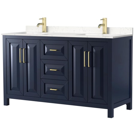 A large image of the Wyndham Collection WCV252560D-VCA-MXX Dark Blue / Carrara Cultured Marble Top / Brushed Gold Hardware