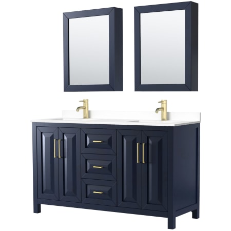 A large image of the Wyndham Collection WCV252560D-VCA-MED Dark Blue / White Cultured Marble Top / Brushed Gold Hardware