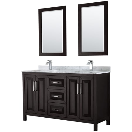 A large image of the Wyndham Collection WCV252560DUNSM24 Dark Espresso / White Carrara Marble Top / Polished Chrome Hardware