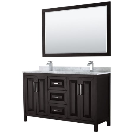 A large image of the Wyndham Collection WCV252560DUNSM58 Dark Espresso / White Carrara Marble Top / Polished Chrome Hardware