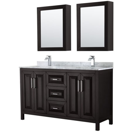 A large image of the Wyndham Collection WCV252560DUNSMED Dark Espresso / White Carrara Marble Top / Polished Chrome Hardware