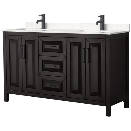 A large image of the Wyndham Collection WCV252560D-VCA-MXX Dark Espresso / Carrara Cultured Marble Top / Matte Black Hardware