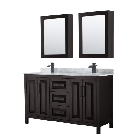 A large image of the Wyndham Collection WCV252560DUNSMED Dark Espresso / White Carrara Marble Top / Matte Black Hardware