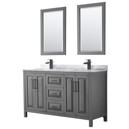 A large image of the Wyndham Collection WCV252560DUNSM24 Dark Gray / White Carrara Marble Top / Matte Black Hardware