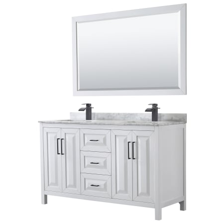 A large image of the Wyndham Collection WCV252560DUNSM58 White / White Carrara Marble Top / Matte Black Hardware