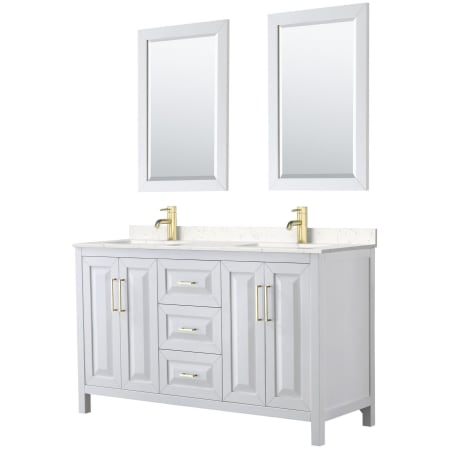 A large image of the Wyndham Collection WCV252560D-VCA-M24 White / Carrara Cultured Marble Top / Brushed Gold Hardware