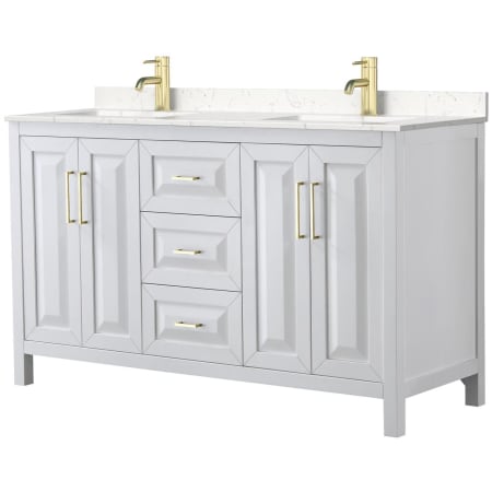 A large image of the Wyndham Collection WCV252560D-VCA-MXX White / Carrara Cultured Marble Top / Brushed Gold Hardware