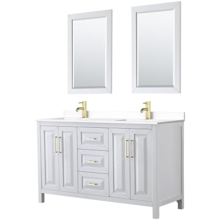 A large image of the Wyndham Collection WCV252560D-VCA-M24 White / White Cultured Marble Top / Brushed Gold Hardware