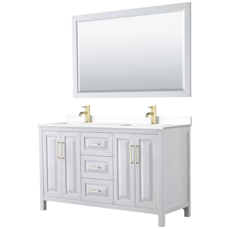 A large image of the Wyndham Collection WCV252560D-VCA-M58 White / White Cultured Marble Top / Brushed Gold Hardware