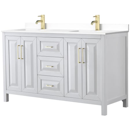 A large image of the Wyndham Collection WCV252560D-VCA-MXX White / White Cultured Marble Top / Brushed Gold Hardware