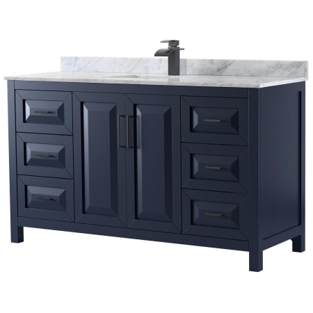 A large image of the Wyndham Collection WCV252560SUNSMXX Dark Blue / White Carrara Marble Top / Matte Black Hardware