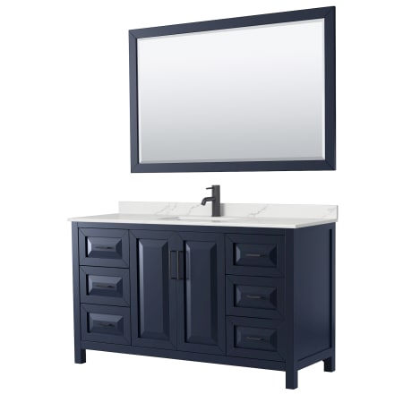 A large image of the Wyndham Collection WCV252560S-QTZ-UNSM58 Dark Blue / Giotto Quartz Top / Matte Black Hardware