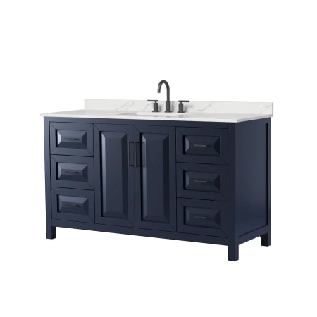 A large image of the Wyndham Collection WCV252560S-QTZ-US3MXX Dark Blue / Giotto Quartz Top / Matte Black Hardware