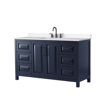 A large image of the Wyndham Collection WCV252560S-QTZ-US3MXX Dark Blue / White Quartz Top / Matte Black Hardware