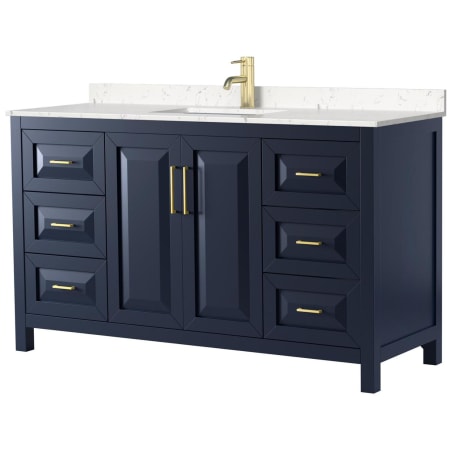 A large image of the Wyndham Collection WCV252560S-VCA-MXX Dark Blue / Carrara Cultured Marble Top / Brushed Gold Hardware