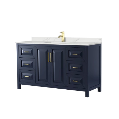 A large image of the Wyndham Collection WCV252560S-QTZ-UNSMXX Dark Blue / Giotto Quartz Top / Brushed Gold Hardware