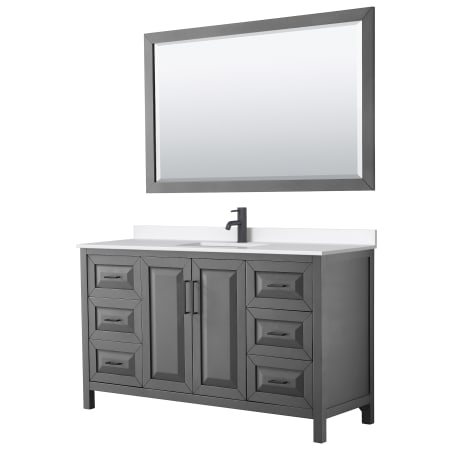 A large image of the Wyndham Collection WCV252560S-QTZ-UNSM58 Dark Gray / White Quartz Top / Matte Black Hardware