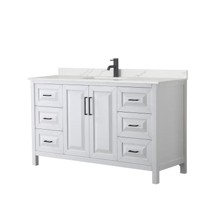 A large image of the Wyndham Collection WCV252560S-QTZ-UNSMXX White / Giotto Quartz Top / Matte Black Hardware