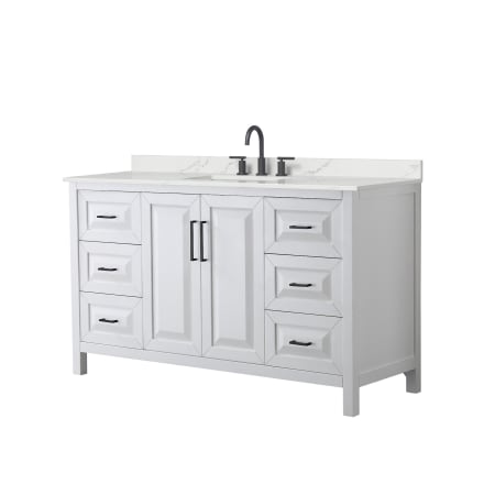 A large image of the Wyndham Collection WCV252560S-QTZ-US3MXX White / Giotto Quartz Top / Matte Black Hardware