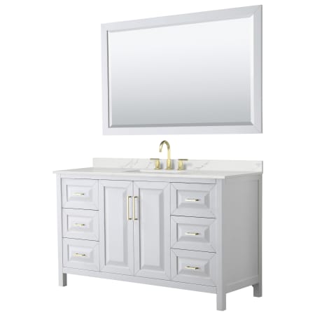 A large image of the Wyndham Collection WCV252560S-QTZ-US3M58 White / Giotto Quartz Top / Brushed Gold Hardware