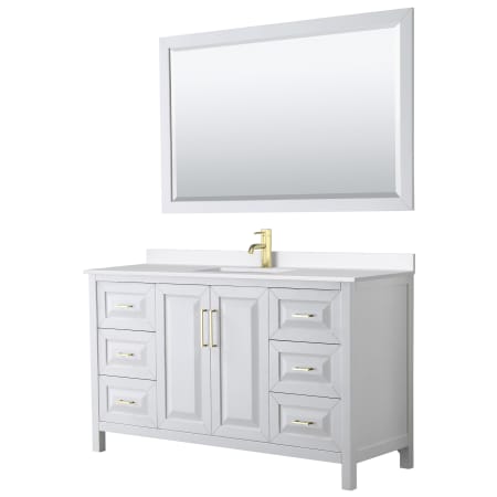 A large image of the Wyndham Collection WCV252560S-QTZ-UNSM58 White / White Quartz Top / Brushed Gold Hardware