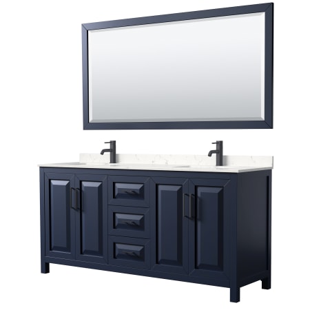 A large image of the Wyndham Collection WCV252572D-VCA-M70 Dark Blue / Carrara Cultured Marble Top / Matte Black Hardware