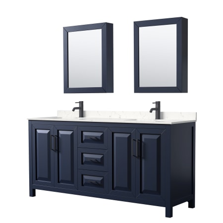 A large image of the Wyndham Collection WCV252572D-VCA-MED Dark Blue / Carrara Cultured Marble Top / Matte Black Hardware