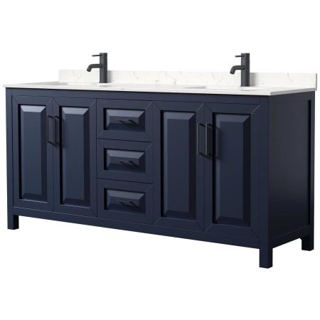 A large image of the Wyndham Collection WCV252572D-VCA-MXX Dark Blue / Carrara Cultured Marble Top / Matte Black Hardware