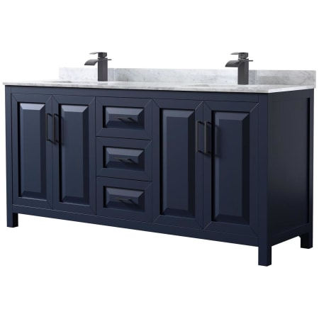 A large image of the Wyndham Collection WCV252572DUNSMXX Dark Blue / White Carrara Marble Top / Matte Black Hardware