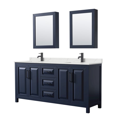 A large image of the Wyndham Collection WCV252572D-QTZ-UNSMED Dark Blue / Giotto Quartz Top / Matte Black Hardware