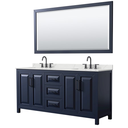 A large image of the Wyndham Collection WCV252572D-QTZ-US3M70 Dark Blue / Giotto Quartz Top / Matte Black Hardware