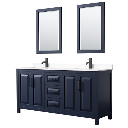A large image of the Wyndham Collection WCV252572D-VCA-M24 Dark Blue / White Cultured Marble Top / Matte Black Hardware